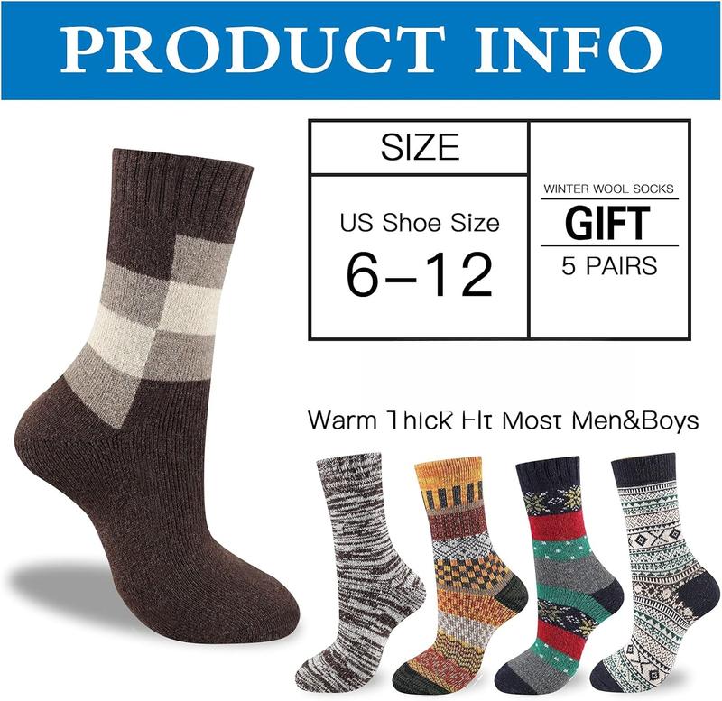 Mens Thick  Socks Thermal Warm Winter Crew Socks 5 Pairs Multicolors