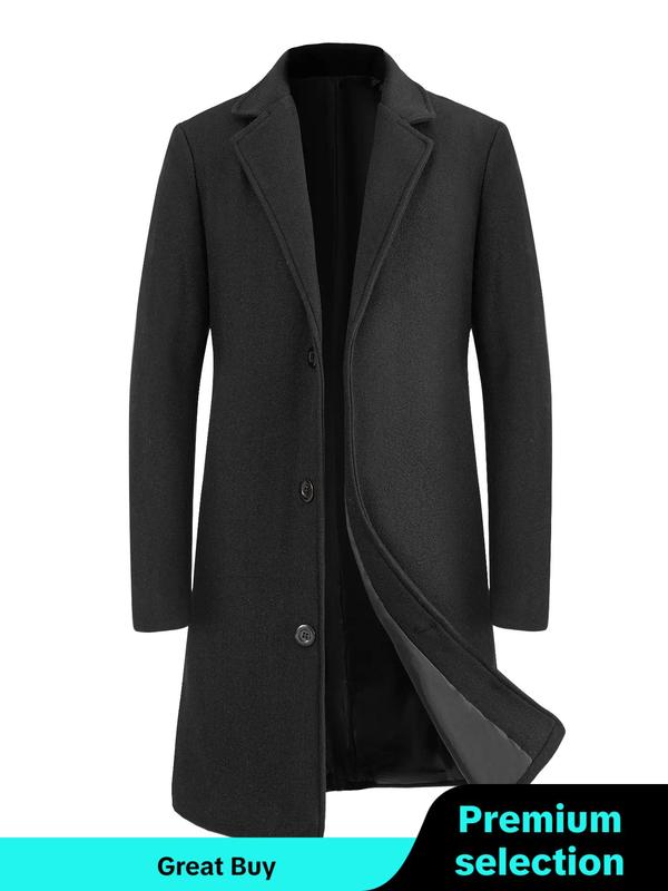 Men's Regular Fit Solid Lapel Collar Single Breasted Longsleeves Trench Coat, Plain Button Front Coat for Men, Menswear Tops, Fashion Cozy Comfy Men's Outerwear for Winter Winter Jacket