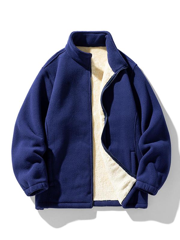 Men's Plain Letter Print Zip Up Stand Collar Hooded Fleece Jacket, Casual Long Sleeve Thermal Lined Outerwear for Fall & Winter, Men's Clothes for Daily Wear