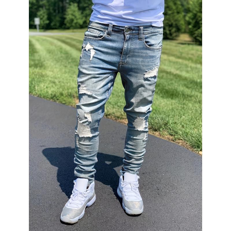 For All Seasons Slim Fit Vintage Style Denim Ripped Jeans Pants For Men