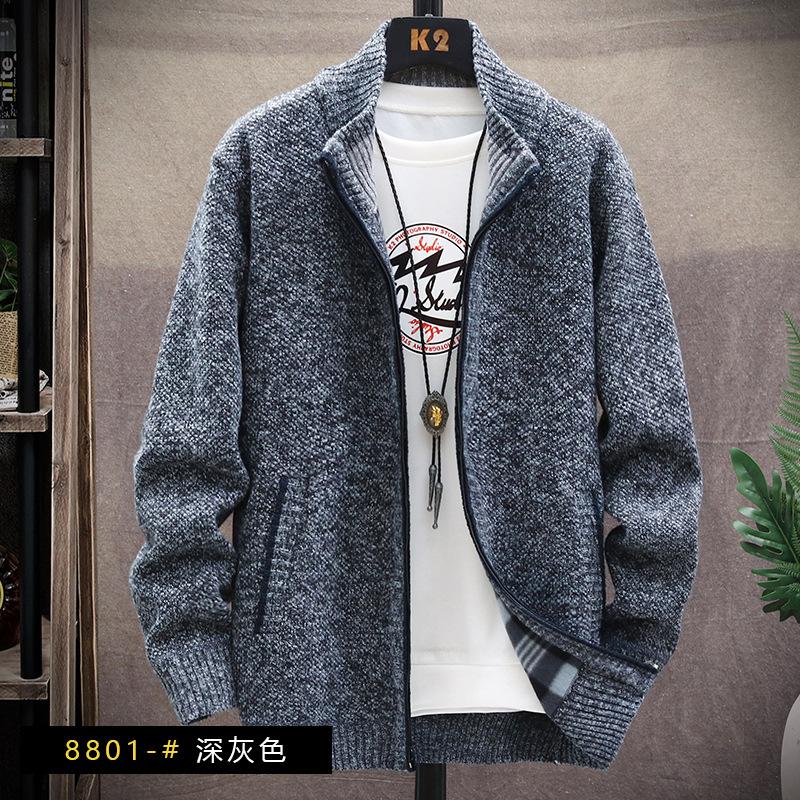 Men's Fleece-lined Thickened Sweater Coat Autumn and Winter New Casual Outerwear Knitwear plus Size Solid Color Stand Collar Top