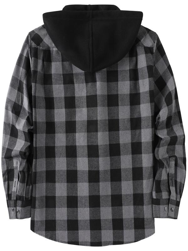 Men's Colorblock Plaid Print Button Front Hooded Jacket, Regular Fit Casual Drawstring Pocket Long Sleeve Outerwear for Spring & Fall, Men's Clothes for Daily Wear