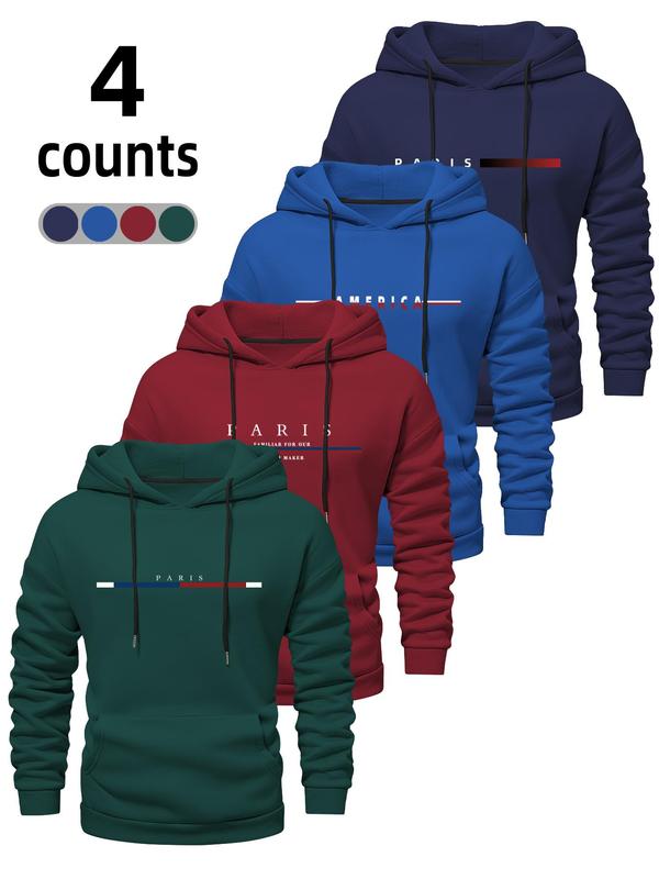 Men's Letter Print Drop Shoulder Hoodie, Fashion Casual Drawstring Pocket Hooded Sweatshirt for Daily Holiday Outdoor Wear, Men Clothes for Fall & Winter