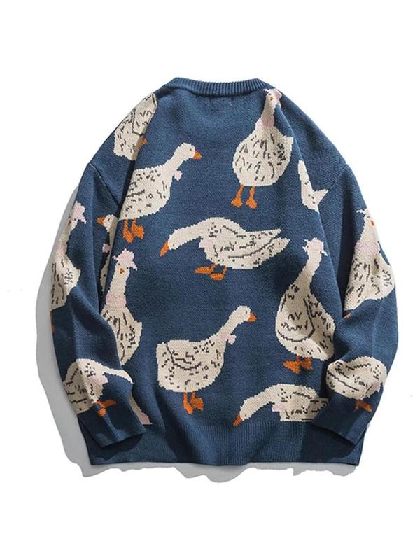 Men's Cartoon Goose Print Drop Shoulder Ribbed Sweater, Regular Fit Casual Long Sleeve Round Neck Jumper for Fall & Winter, Fashion Men's Knitwear for Daily Wear