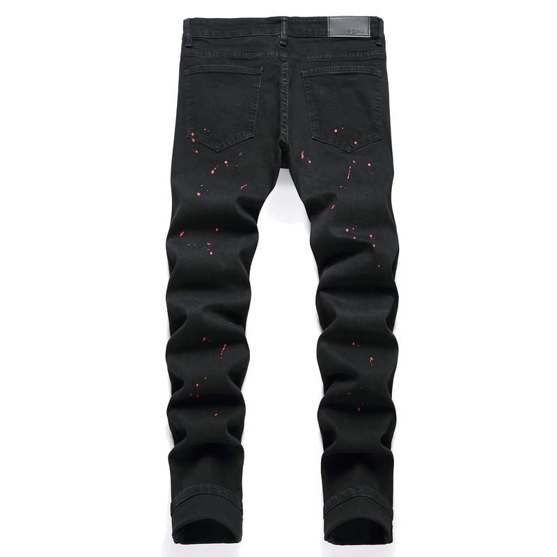 High quality American style Purple Jeans Men High Street Black Paint Dot Knife Cut Hole Repair Low Rise Skinny Denim Pants