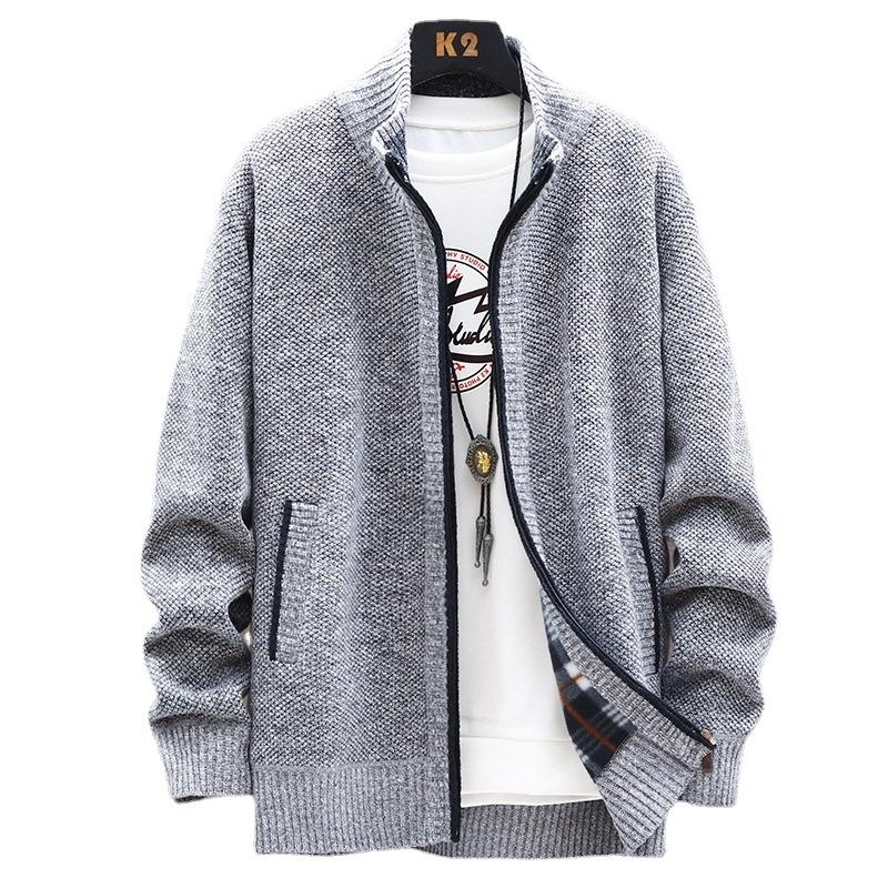 Men's Fleece-lined Thickened Sweater Coat Autumn and Winter New Casual Outerwear Knitwear plus Size Solid Color Stand Collar Top