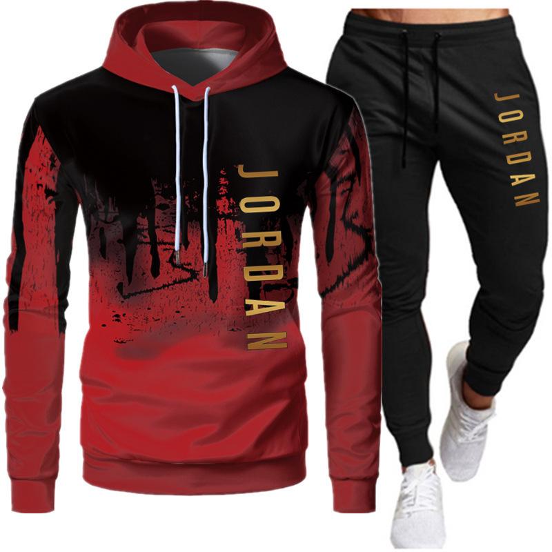 New men's printed hooded men's and women's plush casual sweatshirt suit