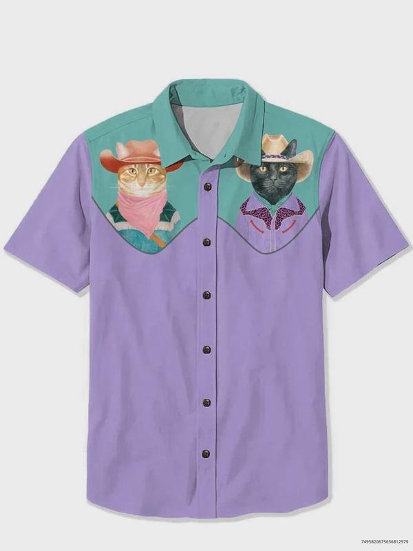 Vintage Cowboy Cat Print Casual Button Shirt, Many Color Options