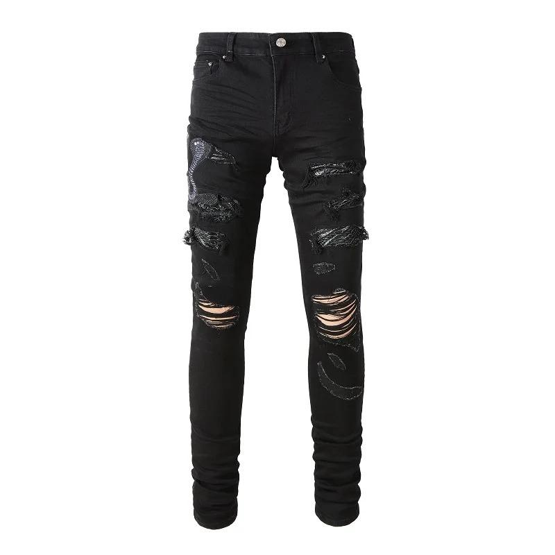 Men's Punk Embroidered Snake Patchwork Snake Leather Holes Jeans Street Hip Hop Jeans Designer Ripped Fashion Slim Black Pant