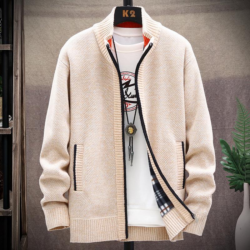 Men's Fleece-lined Thickened Sweater Coat Autumn and Winter New Casual Outerwear Knitwear plus Size Solid Color Stand Collar Top