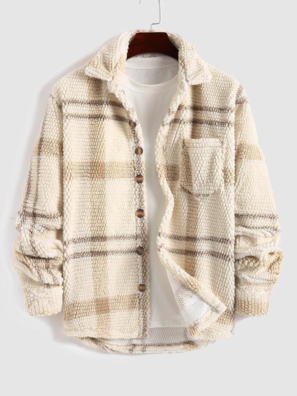 Men's Plaid Print Button Front Fleece Jacket, Regular Fit Casual Long Sleeve Pocket Outerwear for Fall & Winter, Men's Clothes for Daily Wear