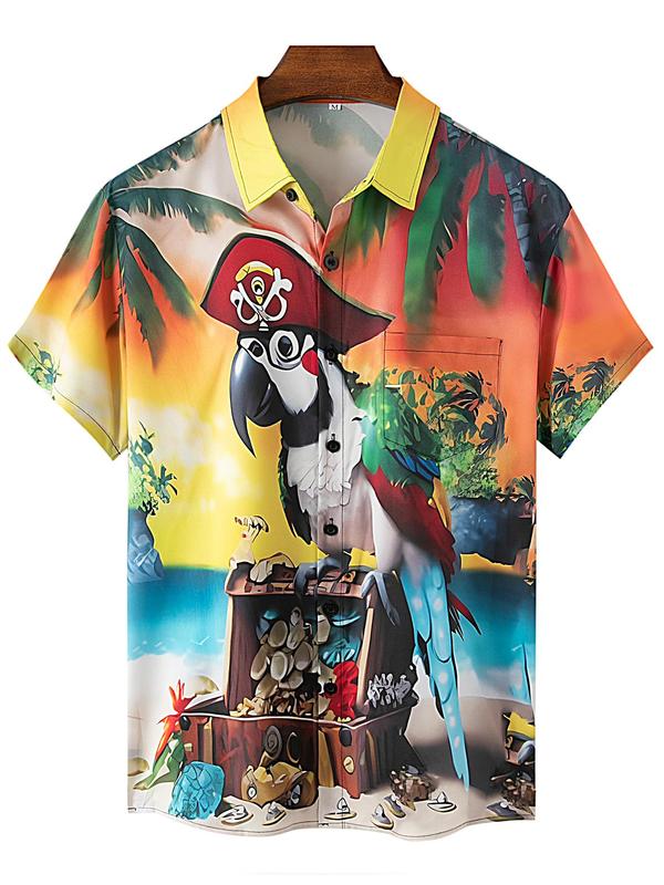 Men's Cartoon Parrot Print Pocket Button Front Shirt, Summer Clothes, Regular Fit Casual Short Sleeve Collared Top for Summer, Men's Clothes for Beach Vacation