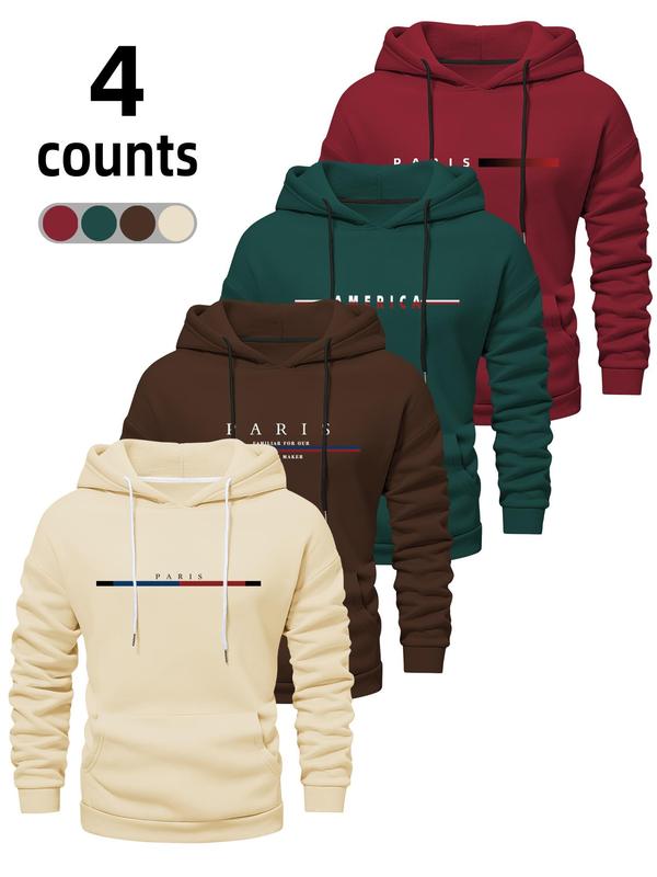 Men's Letter Print Drop Shoulder Hoodie, Fashion Casual Drawstring Pocket Hooded Sweatshirt for Daily Holiday Outdoor Wear, Men Clothes for Fall & Winter