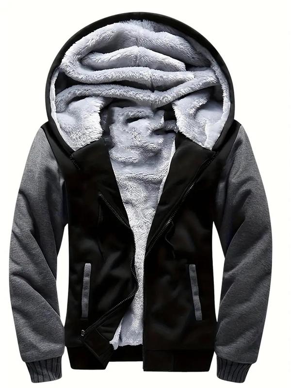 Men's Solid Color Plush Lined Zip Up Sports Hoodie, Casual Regular Fit Long Sleeve Pocket Hooded Sports Winter Jacket for Fall & Winter, Warm Sports Coats, Men's Sportswear for Indoor Outdoor Wear, Winter Coats