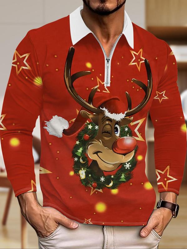 Men's  Christmas  Reindeer Print Zip Up Polo Shirt, Regular Fit Casual Long Sleeve Collared Top for All Seasons, Fashion Men's Clothes for Daily Wear