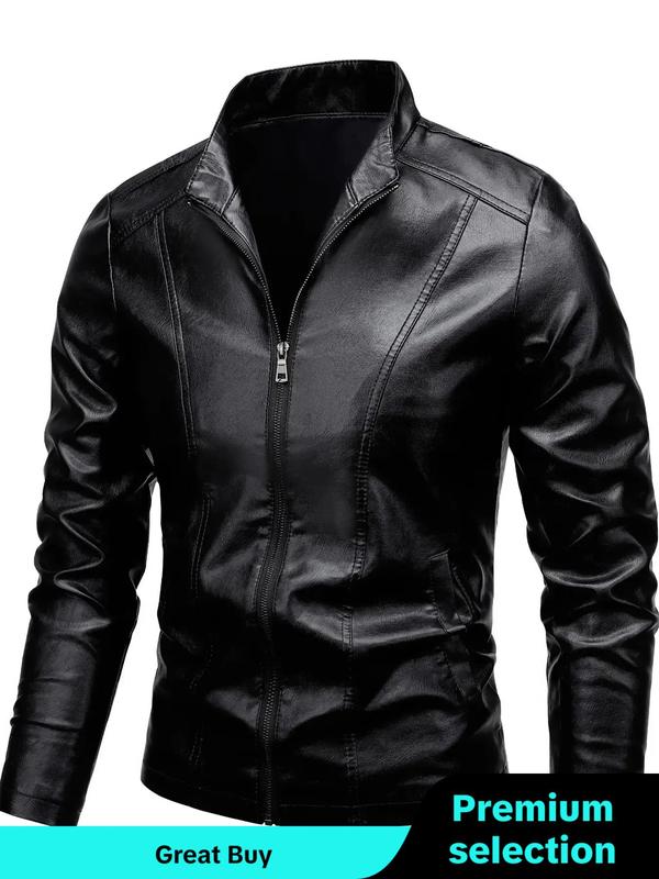 Men's Regular Fit Solid Pocket Zipper High Neck Pu Leather Jackets, Fashion Casual Long Sleeve Outerwear for Outdoor Wear, Men Cloths for All Seasons, Men Designer Jacket, Men's Clothing