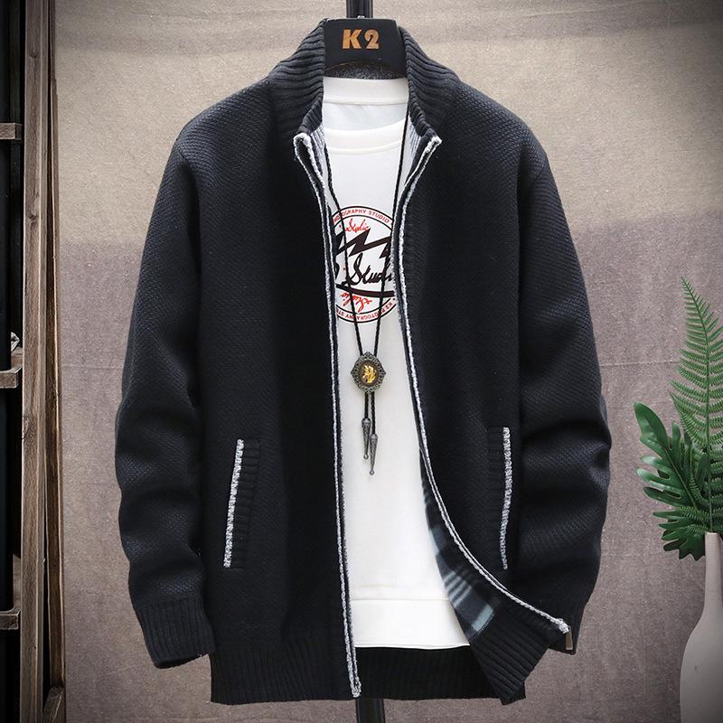 Men's Fleece-lined Thickened Sweater Coat Autumn and Winter New Casual Outerwear Knitwear plus Size Solid Color Stand Collar Top