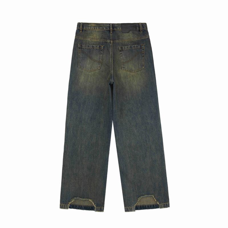 PCLP&Psylos1 Yellow Mud Distressed Jeans Men's autumn high street American loose straight trousers men's clothing