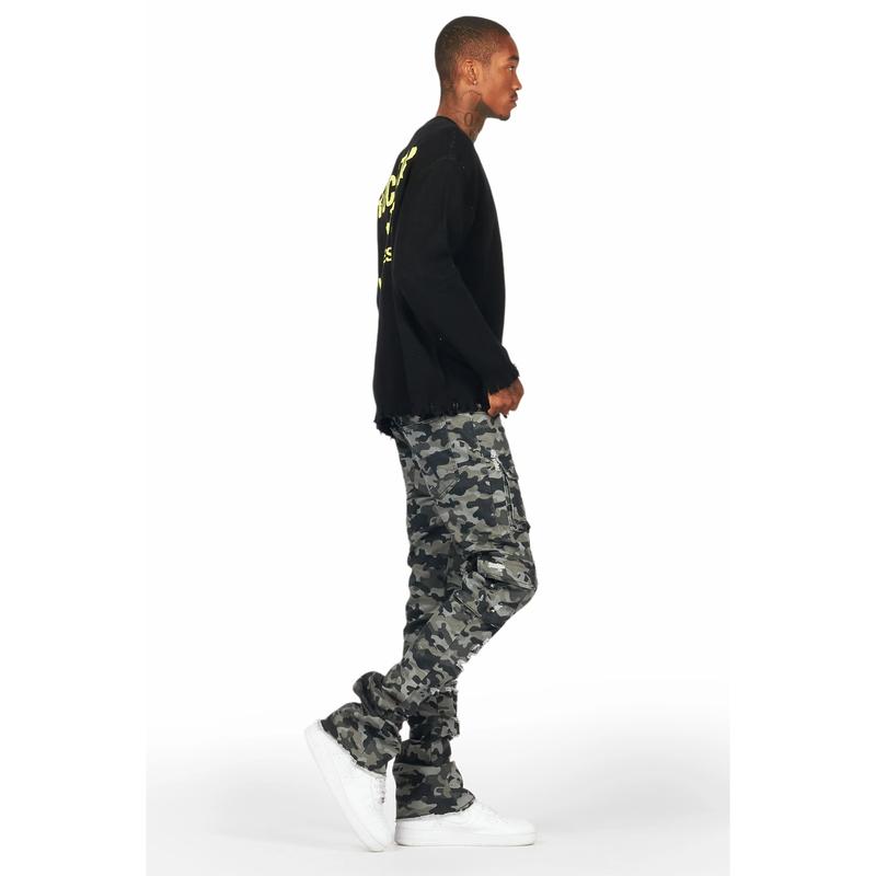 Zaid Grey Camo Stacked Flare Jean