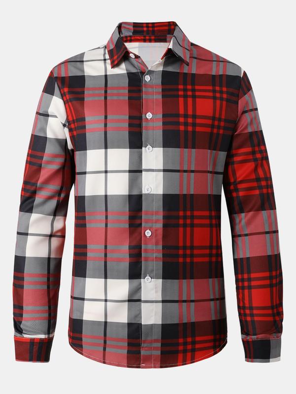 Men's Plaid Print Button Front Shirt, Regular Fit Casual Long Sleeve Collared Top for Spring & Fall, Men's Clothes for Daily Wear