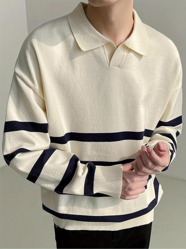 Men's Striped Print Polo Shirt, Loose Casual Long Sleeve Collared Shirt for Fall & Winter, Men's Knitwear for Daily Wear