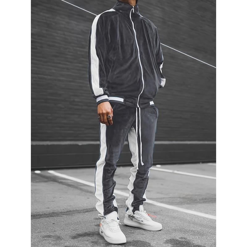 Classic Velvet Men's Athletic 2Pcs Tracksuit Set Casual Full-Zip Sweatsuits Long Sleeve Jacket And Jogging Pants Set For Gym Workout Running