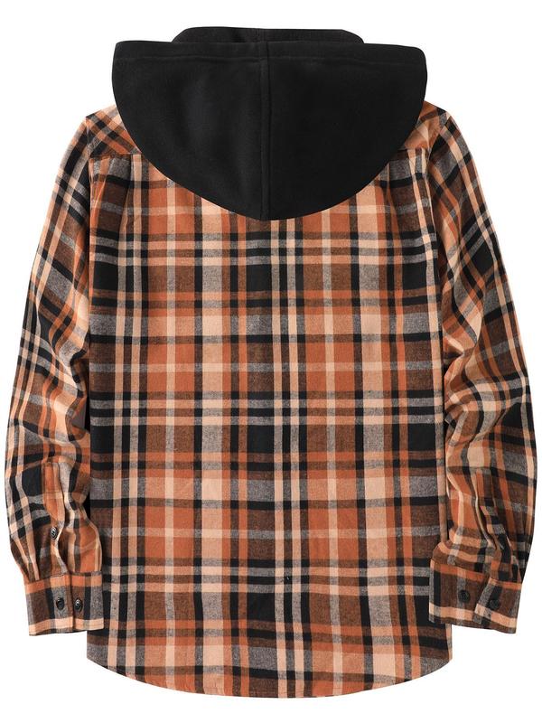 Men's Colorblock Plaid Print Button Front Hooded Jacket, Regular Fit Casual Drawstring Pocket Long Sleeve Outerwear for Spring & Fall, Men's Clothes for Daily Wear