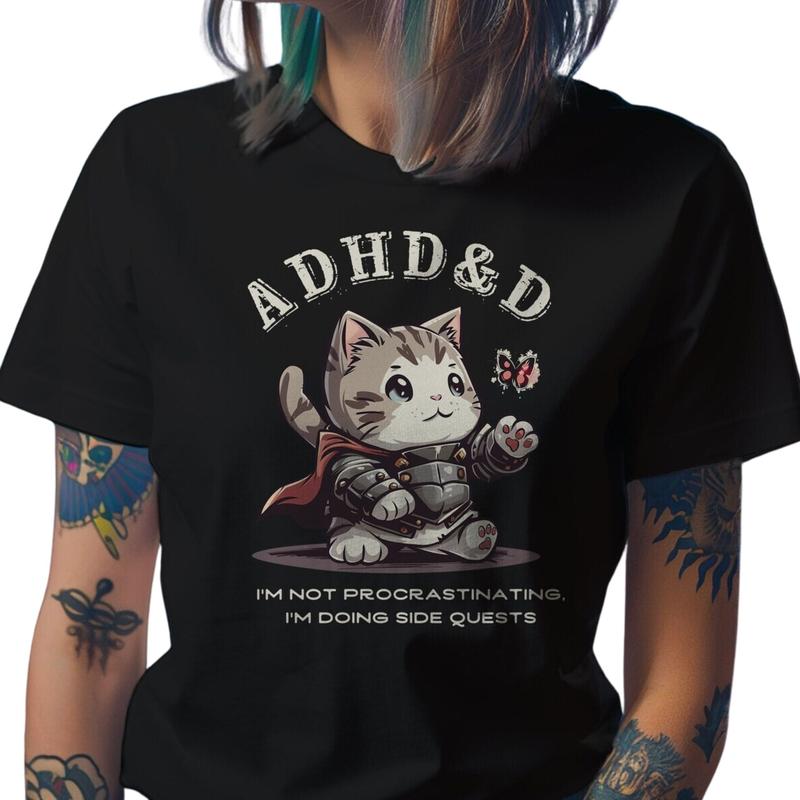 Dungeons and Dragons Adhd&d I'm Not Procrastinating I'm Doing Side Quests Cat T-Shirt, Dnd Vintage Tee