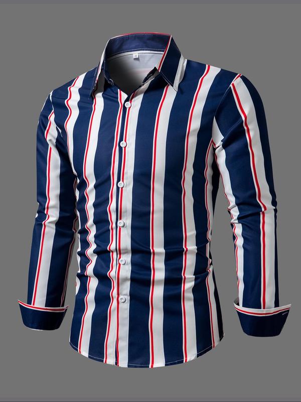 Men's Random Striped Print Button Front Shirt, Regular Fit Casual Long Sleeve Collared Top for All Seasons, Fashion Men's Clothes for Daily Wear