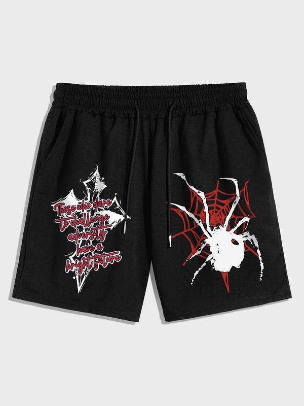 Men's Letter & Spider Web Graphic Print Pocket Drawstring Waist Shorts, Regular Fit Casual Fashion Shorts, Men's Summer Bottoms for Daily Wear