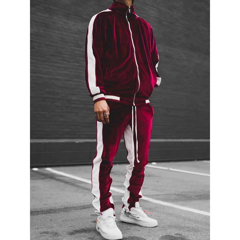 Classic Velvet Men's Athletic 2Pcs Tracksuit Set Casual Full-Zip Sweatsuits Long Sleeve Jacket And Jogging Pants Set For Gym Workout Running