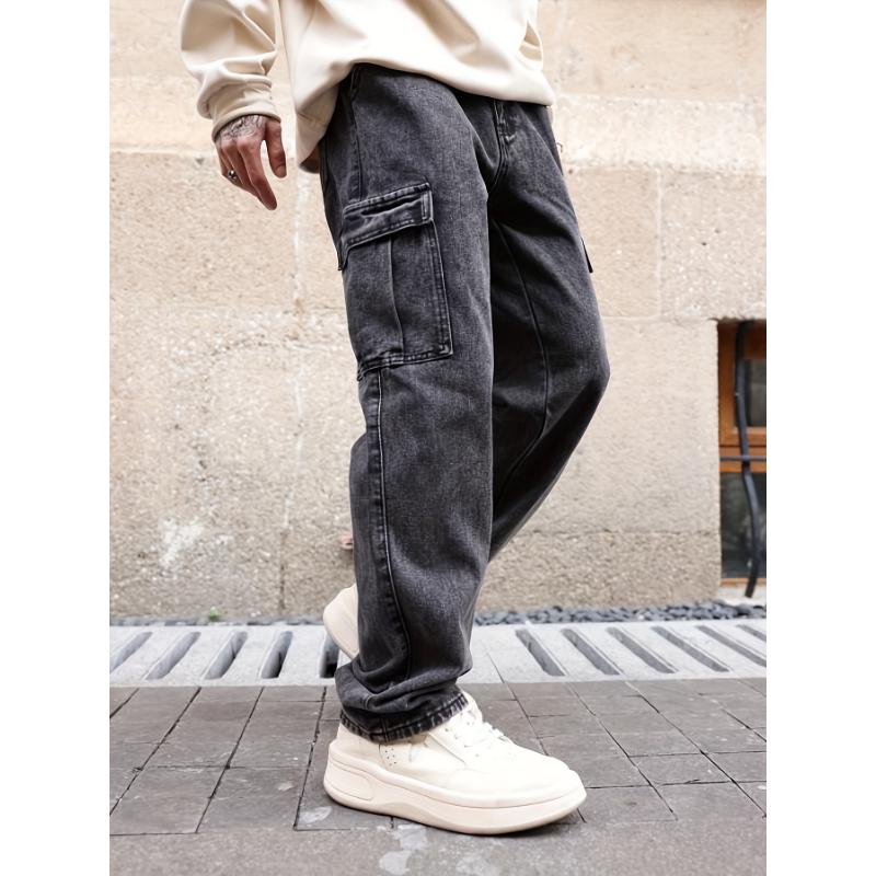 Mens Stylish Cargo Jeans - Comfortable Loose Fit with Versatile Pockets - Ideal for Casual Everyday Wear