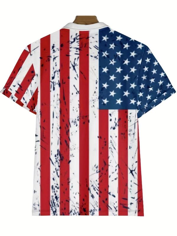 Men's Regular Fit Flag Print Half Zip Polo Shirt, Casual Short Sleeve Collar Top for Daily Outdoor Wear, Fashion Men's 4th Of July Streetwear for All Seasons