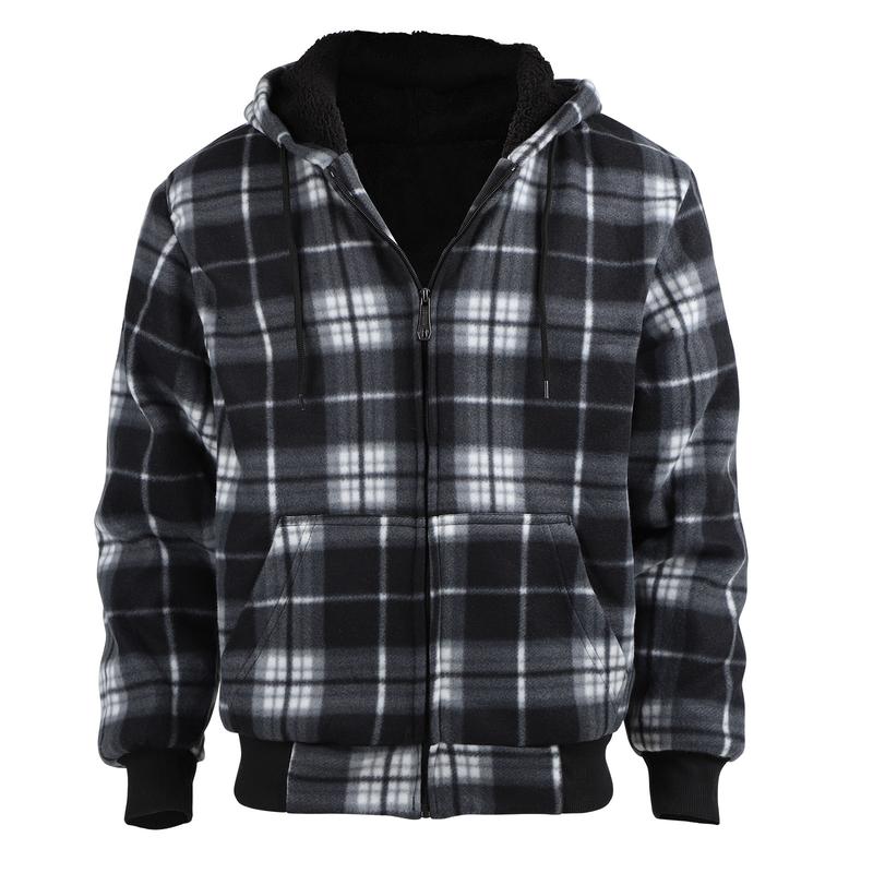 Men's Plaid Sherpa Lined Jacket Pullover Zip Up Hoody Sweatshirt  Coats Menswear