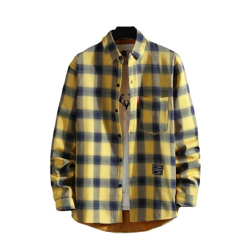 2024 Fleece-lined Thick Warm Shirt Men's Plaid Casual Shirt Brushed Youth Korean Slim-Fit Fleece Shirt Halloween