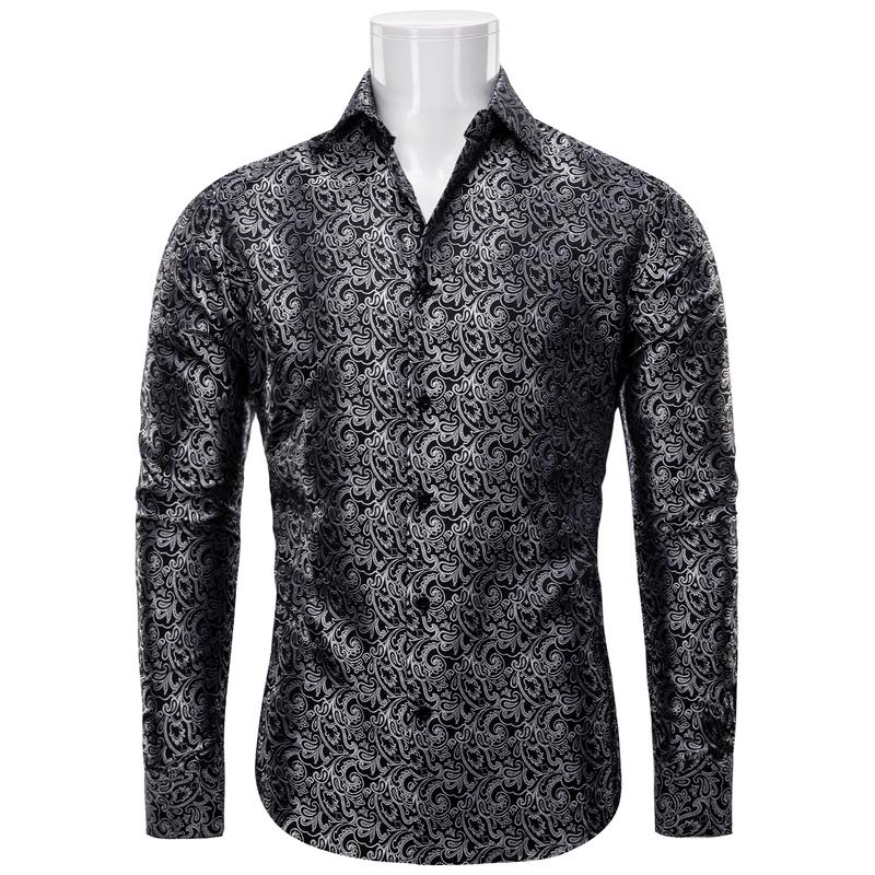 Self-Design Business Gentleman Men's Slim Long Sleeve Shirt Black Gray Floral Men's Button Down Shirt Simple Fashion Soft Party Menswear