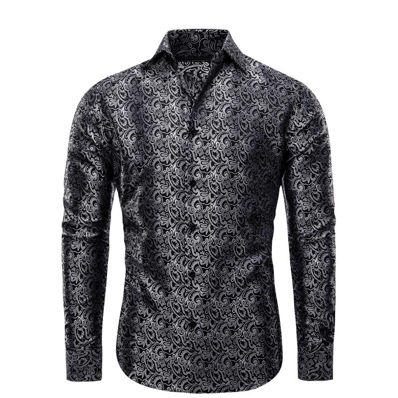 Self-Design Business Gentleman Men's Slim Long Sleeve Shirt Black Gray Floral Men's Button Down Shirt Simple Fashion Soft Party Menswear