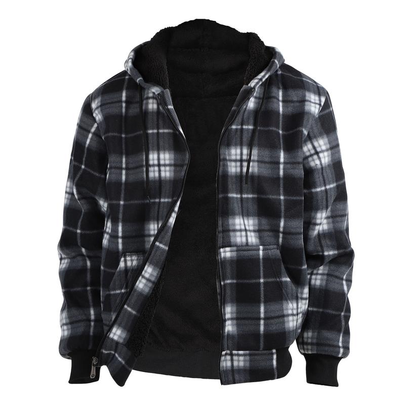 Men's Plaid Sherpa Lined Jacket Pullover Zip Up Hoody Sweatshirt  Coats Menswear