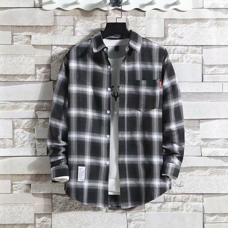 2024 Fleece-lined Thick Warm Shirt Men's Plaid Casual Shirt Brushed Youth Korean Slim-Fit Fleece Shirt Halloween