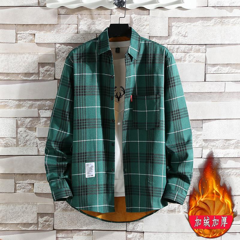 2024 Fleece-lined Thick Warm Shirt Men's Plaid Casual Shirt Brushed Youth Korean Slim-Fit Fleece Shirt Halloween