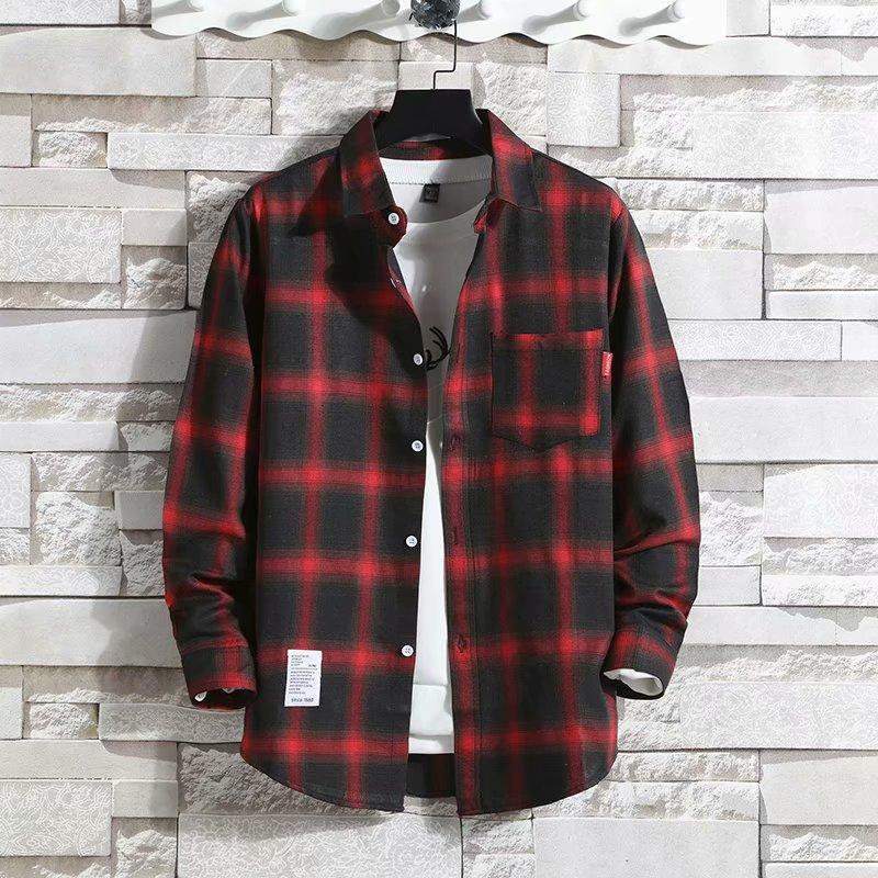 2024 Fleece-lined Thick Warm Shirt Men's Plaid Casual Shirt Brushed Youth Korean Slim-Fit Fleece Shirt Halloween