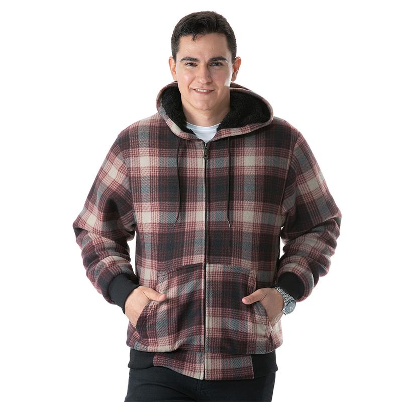 Men's Plaid Sherpa Lined Jacket Pullover Zip Up Hoody Sweatshirt  Coats Menswear