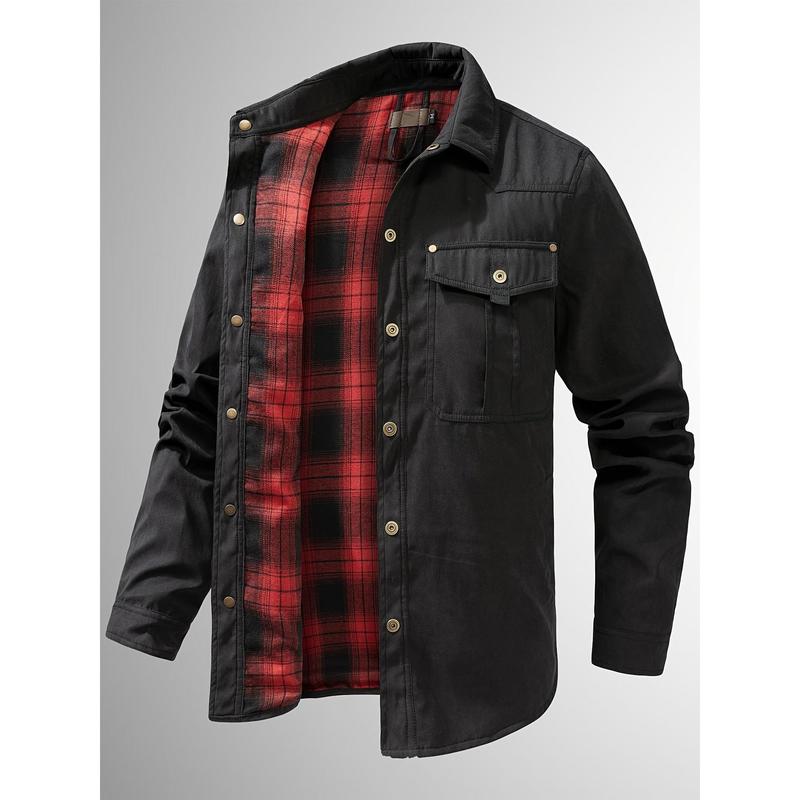 Men's casual flannel shirt jacket-lightweight cotton blend, solid color, long sleeve with button-down front for spring & Fall