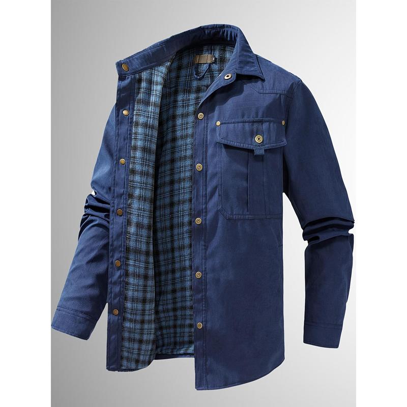 Men's casual flannel shirt jacket-lightweight cotton blend, solid color, long sleeve with button-down front for spring & Fall