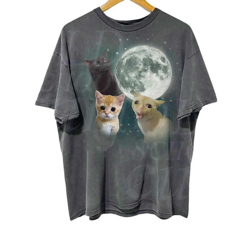 Three Cats Retro Moon Graphic T-shirts, Vintage Cat Moon Tshirt, Oversized Washed Tee, Cat Meme T Shirt, Weird Tee, Cat Lovers, Funny Cat Tee Menswear Top Underwear Streetwear Crewneck Tropical