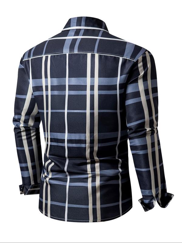 Men's Random Plaid Print Button Front Shirt, Regular Fit Casual Long Sleeve Collared Top for All Seasons, Men's Clothes for Daily Wear