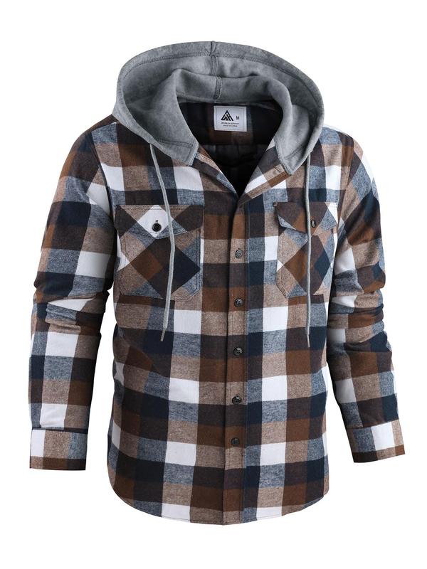 Men's Plaid Print Button Front Drawstring Hooded Shirt, Regular Fit Casual Pocket Jackets, Long Sleeve Outerwear for Fall, Men's Clothes for Daily Wear