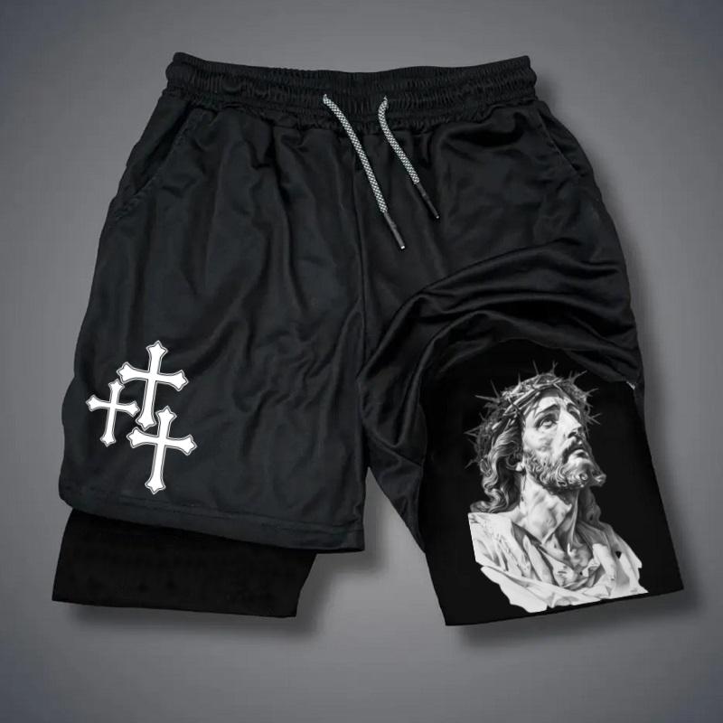 GOD HAS MY BACK Shorts Men's Cross & Letter Print 2 in 1 Drawstring Waist Shorts, Loose Casual Pocket Track Shorts for Summer, Fashion Men's Bottoms for Daily Wear shorts basketball short gym workout