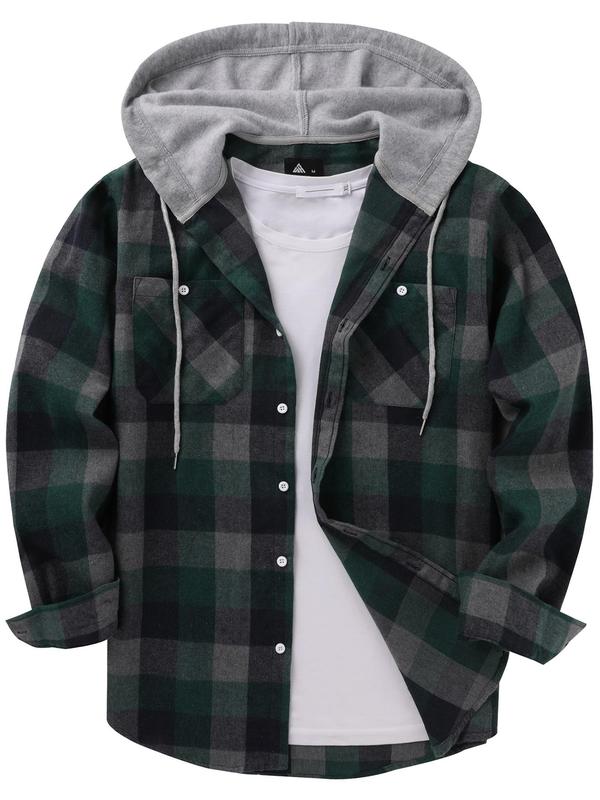 Men's Plaid Print Button Front Drawstring Hooded Shirt, Regular Fit Casual Pocket Jackets, Long Sleeve Outerwear for Fall, Men's Clothes for Daily Wear