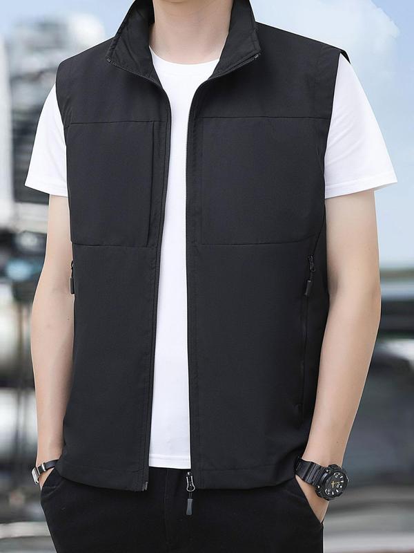 Men's Solid Zip Up Collared Waistcoat, Regular Fit Casual Comfy Breathable Waterproof Sleeveless Outerwear for Spring & Fall, Fashion Men's Clothes for Daily Wear